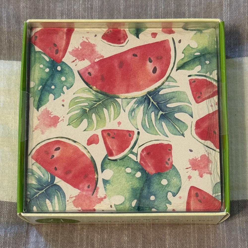 NIB, never opened, Watermelon and Leaf Print Coasters